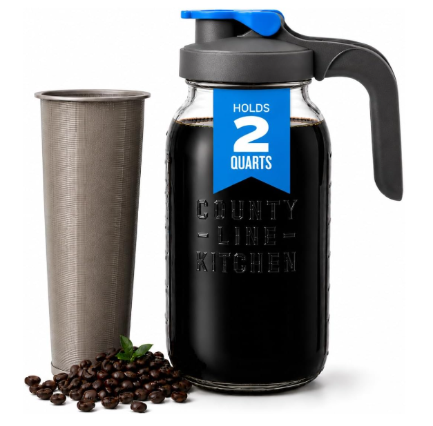 County Line Kitchen 64oz 콜드 브루 커피 메이커 | 스테인리스 스틸 필터 및 Leak-Proof 뚜껑을 갖춘 유리 메이슨 자 | 대용량 콜드 브루 피처