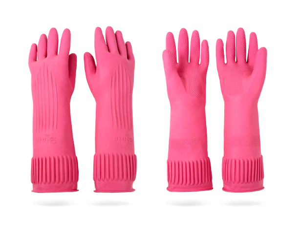 Mamison 천연 라텍스 설거지 장갑 – Non-Slip 주방 청소 장갑, Medium, Pink (2쌍)