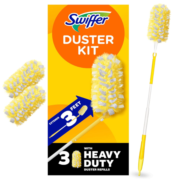 Swiffer Duster Kit – 3 ft 연장 핸들과 hard-to-reach 공간용 heavy-duty 먼지 제거 리필 3개