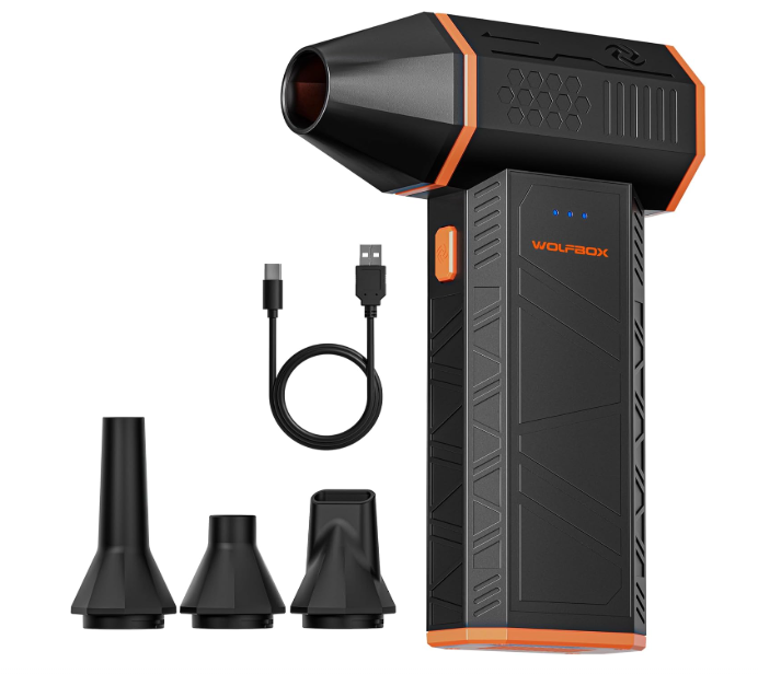 WOLFBOX MegaFlow 50 전기 에어 더스터 – 110,000 RPM 충전식 압축 공기 블로어, 노즐 4개 포함