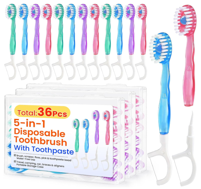 36-Pack 5-in-1 일회용 칫솔 세트 – 치약, 치실, 혀 클리너 & 이쑤시개가 포함된 무수 여행용 칫솔